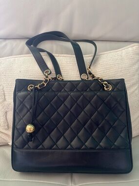 CHANEL Black Quilted Leather Tote with Gold Chain Accents